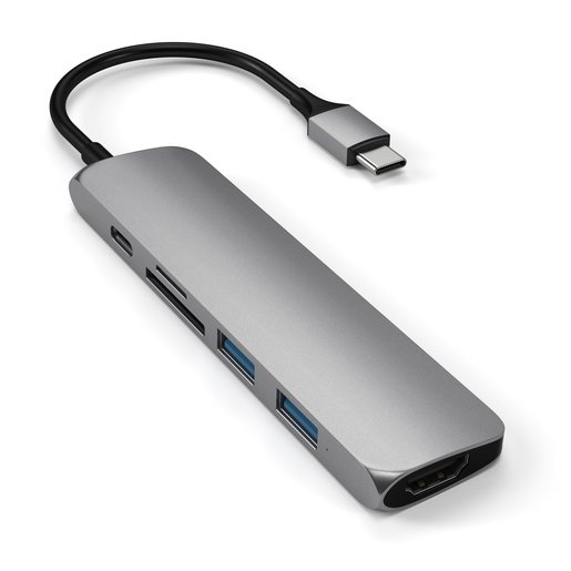 USB-C адаптер Satechi Type-C Slim Multiport Adapter V2. Интерфейс USB-C. Порты: USB-C Power Delivery (PD), 2хUSB 3.0, 4K HDMI, micro/SD-Space Gray (уценка, вскрытая коробка)