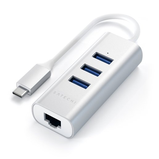 USB-хаб Satechi Type-C 2-in-1 USB 3.0 Aluminum 3 Port Hub and Ethernet Port. Интерфейс Type-C. Порты: Ethernet (10/100/1000Mbps), 3 x USB 3.0. LED подсветка. Цвет серебристый.