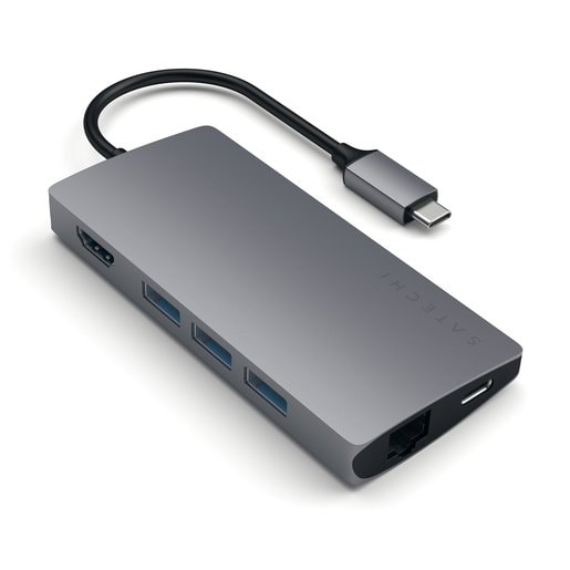 USB-концентратор Satechi Aluminum Multi-Port Adapter V2. Интерфейс USB-C. 3 порта USB 3.0, 1 порт 4K HDMI, 1 порт Ethernet RJ-45, SD/micro-SD кардридер. Цвет серый космос.