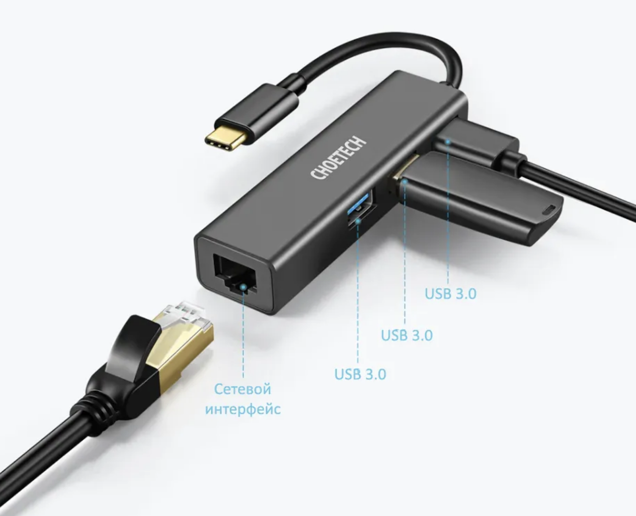 Адаптер - переходник USB Type-C / USB Type-A - RJ45 (LAN) до 100 Мбит/с, серый